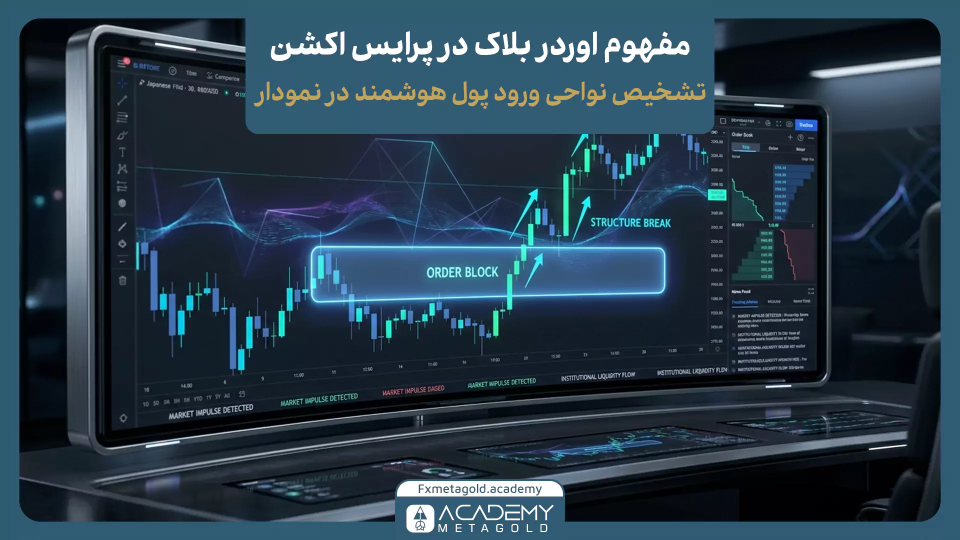 نمایش ناحیه اوردر بلاک روی نمودار کندلی و شکست ساختار صعودی پس از خروج قدرتمند قیمت از محدوده