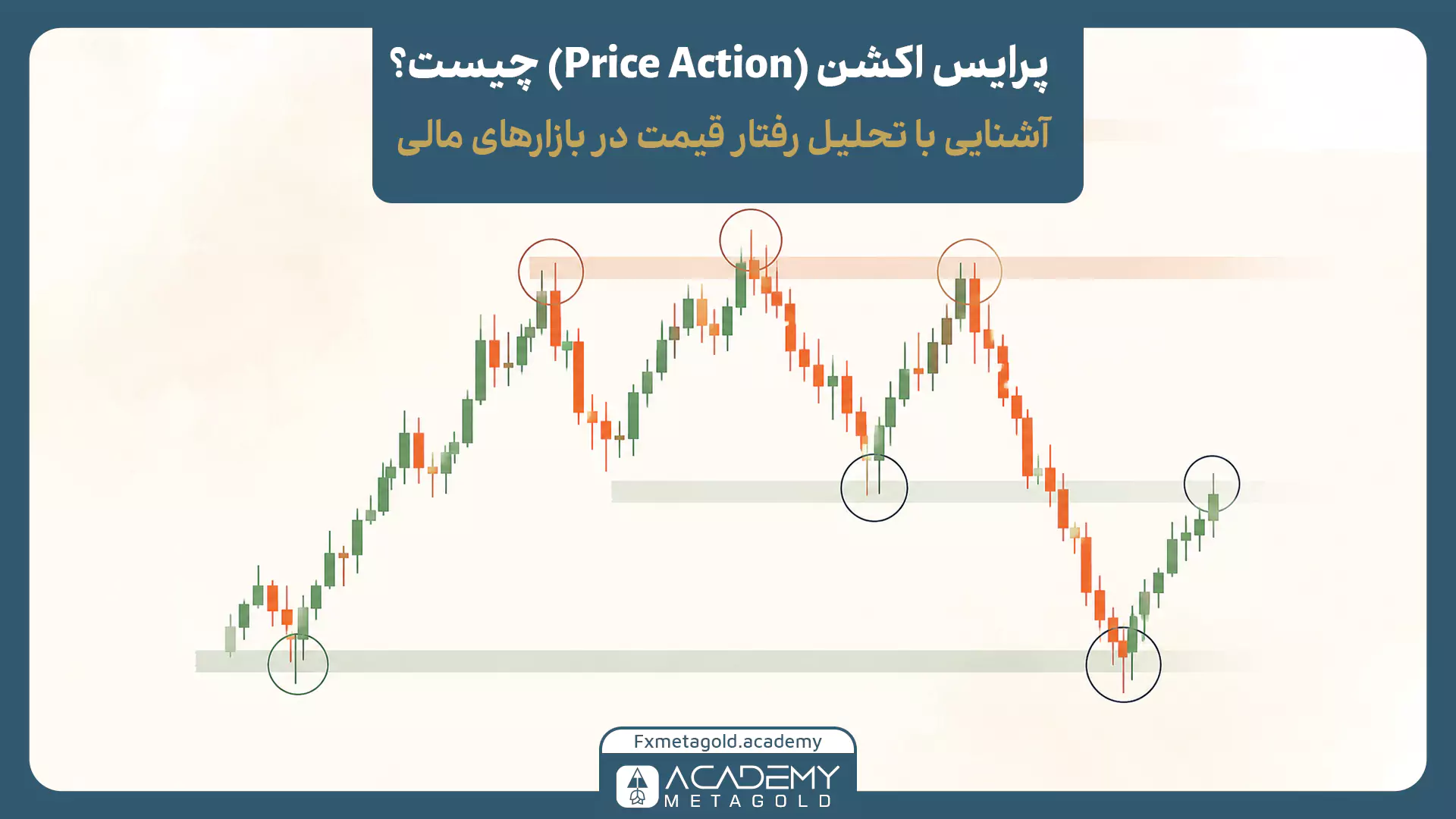 نمودار کندلی پرایس اکشن با نمایش واکنش قیمت به نواحی حمایت و مقاومت