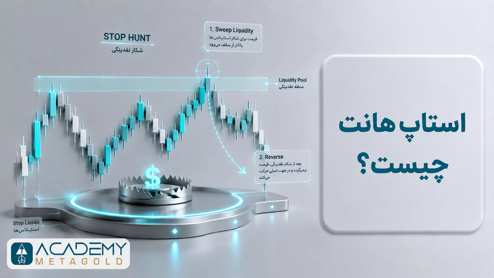 مفهوم استاپ هانت که نشان می‌دهد چگونه قیمت با عبور از ناحیه نقدینگی و شکار حد ضرر، به محدوده قبلی بازمی‌گردد.