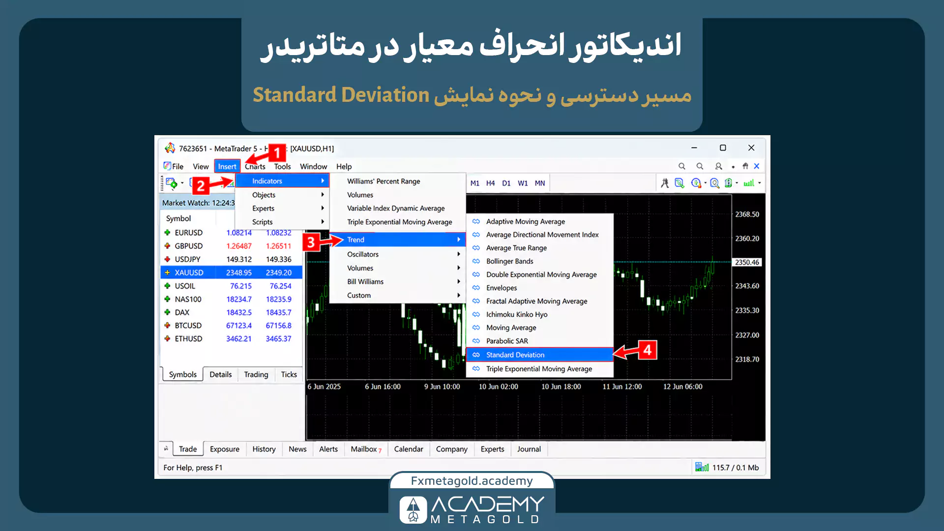 اسکرین‌شات از متاتریدر که مسیر دسترسی به اندیکاتور انحراف معیار (Standard Deviation) را از منوی Insert نشان می‌دهد.