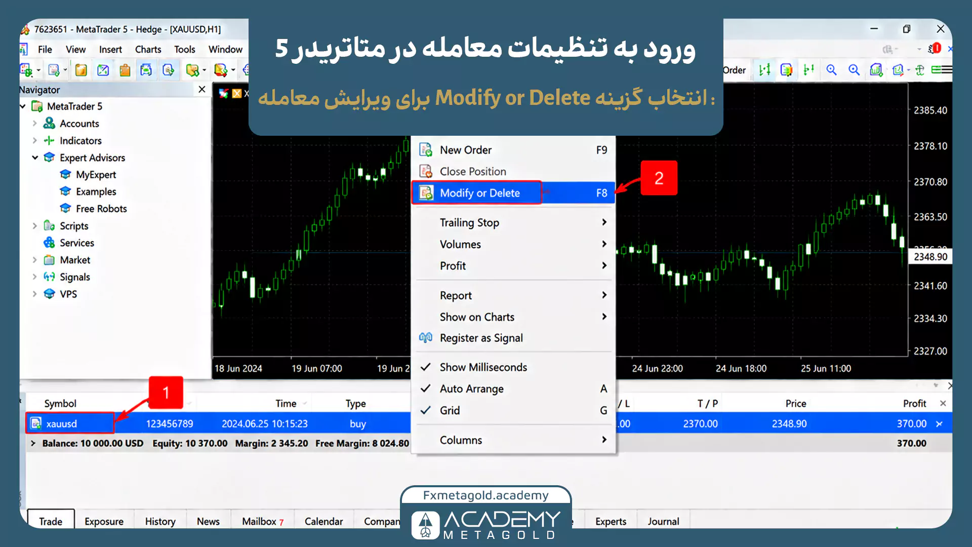 راهنمای تصویری ورود به تنظیمات معامله در متاتریدر ۵. در این مرحله، کاربر روی ردیف معامله فعال کلیک راست کرده (شماره ۱) و از منوی بازشده، گزینه Modify or Delete را برای باز کردن پنجره ویرایش معامله انتخاب میکند (شماره ۲).