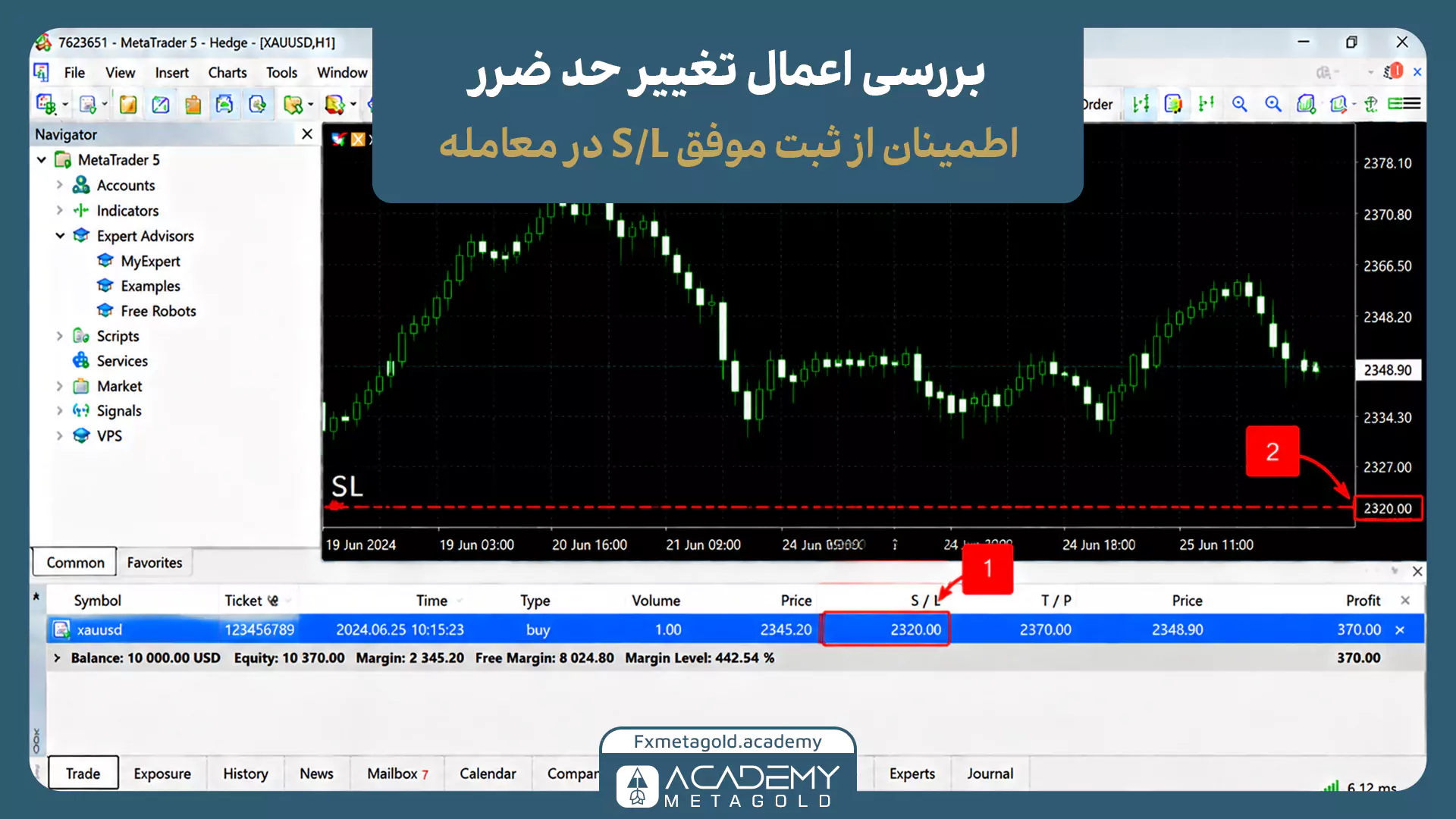 اسکرینشات کنترل و بررسی اعمال تغییر حد ضرر در متاتریدر ۵. این تصویر اطمینان از ثبت موفق تغییرات را آموزش میدهد؛ بهطوریکه مقدار جدید S/L در ردیف مشخصات معامله ثبت شده (شماره ۱) و خطچین قرمزرنگ حد ضرر روی نمودار قیمت نیز به سطح جدید جابهجا شده است (شماره ۲).