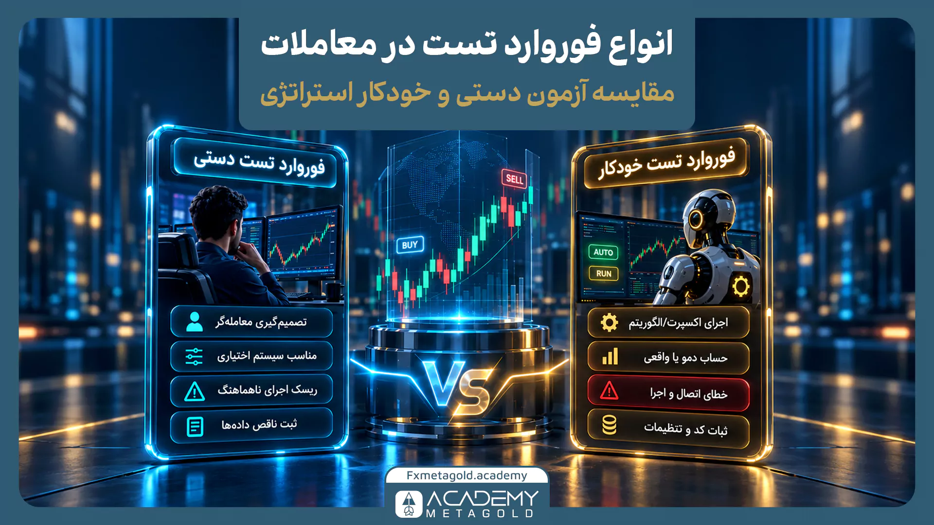 اینفوگرافیک مقایسه انواع فوروارد تست؛ شامل آزمون دستی (با تصمیم‌گیری معامله‌گر انسانی) در برابر آزمون خودکار (با اجرای الگوریتم و ربات).