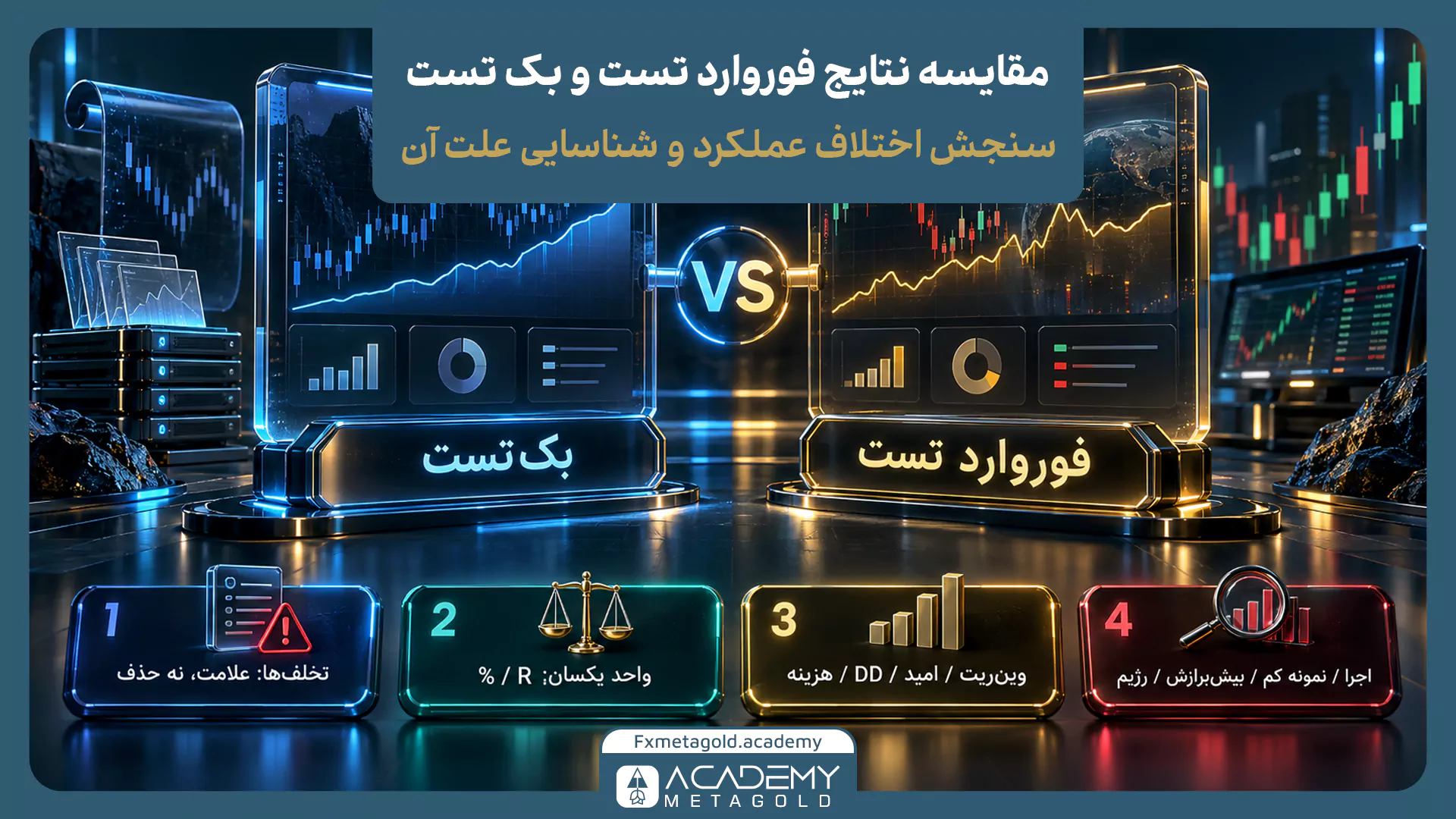 اینفوگرافیک مقایسه نتایج فوروارد تست و بک‌تست با ۴ گام کلیدی: بررسی تخلف‌ها، استفاده از واحد یکسان، مقایسه وین‌ریت/امید ریاضی و سنجش بیش‌برازش.