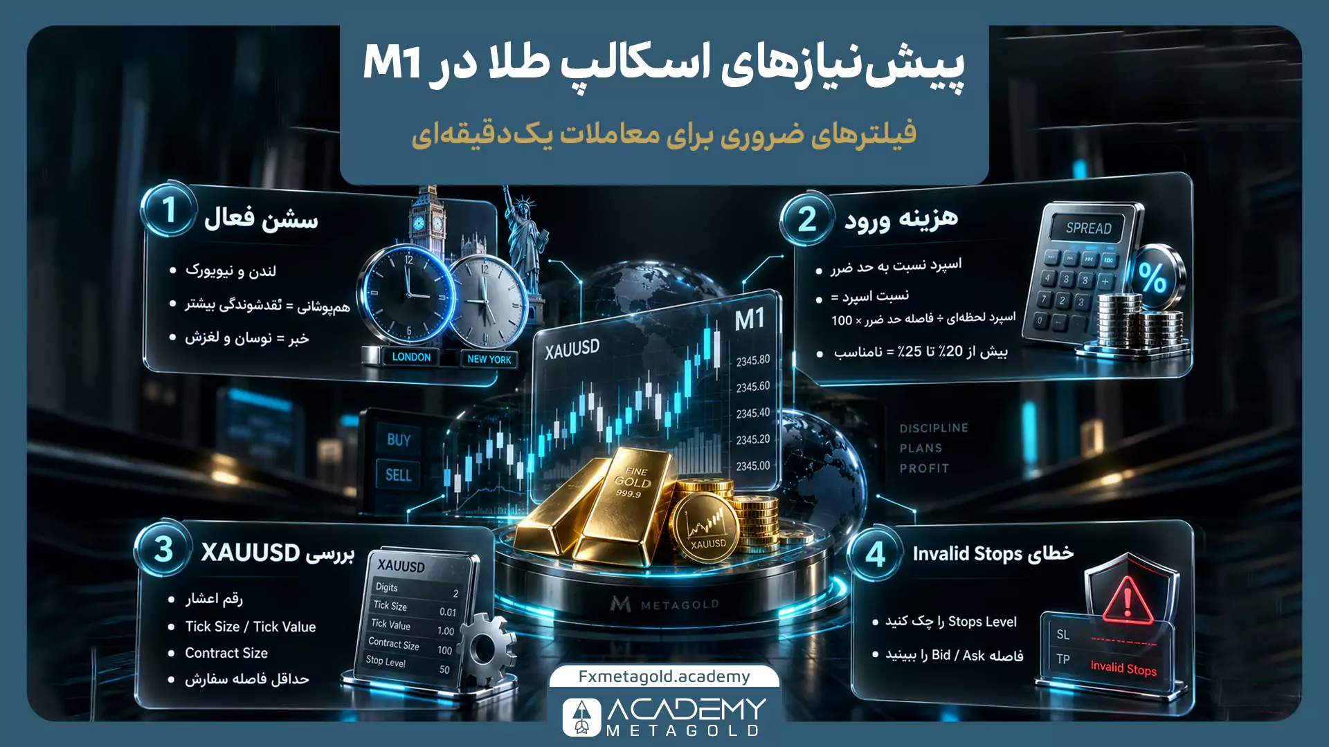 پیش نیازهای اسکالپ طلا در تایم فریم M1 شامل سشن فعال، هزینه ورود، مشخصات XAUUSD و خطای Stops Invalid
