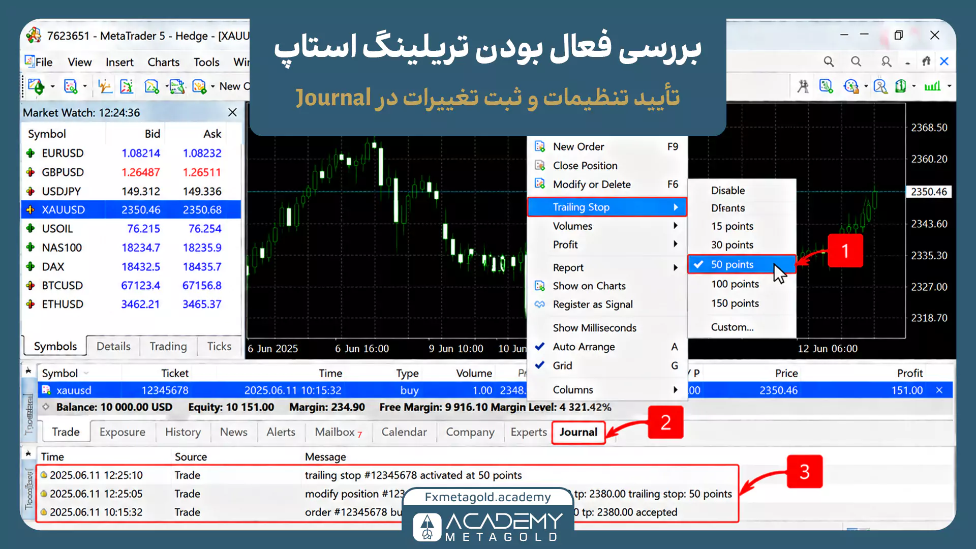 اسکرینشات تأیید فعال بودن تریلینگ استاپ در متاتریدر؛ شامل علامت تیک کنار عدد ۵۰ پوینت و ثبت پیام فعالسازی در تب ژورنال (Journal).