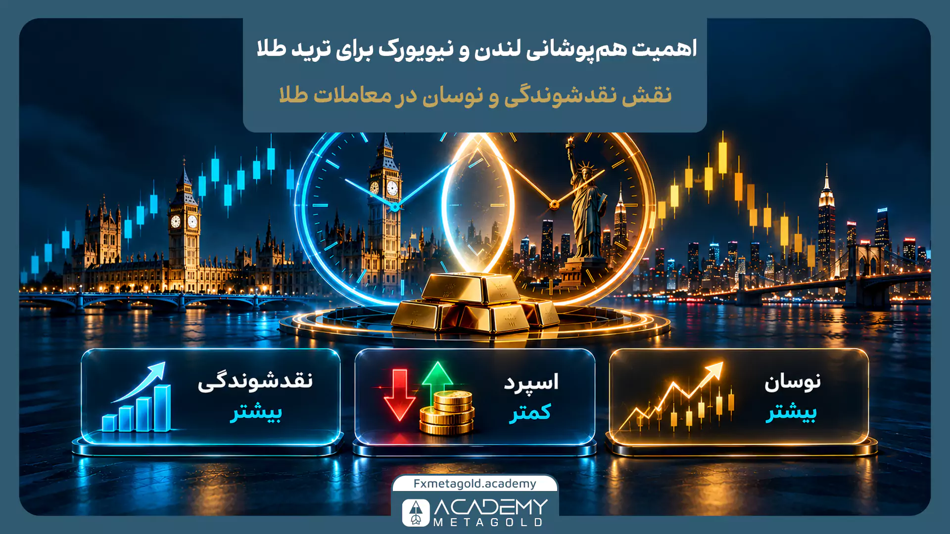 اینفوگرافیک اهمیت همپوشانی سشن لندن و نیویورک برای معامله طلا با نمایش ساعتهای معاملاتی، افزایش نقدشوندگی، کاهش معمول اسپرد و بیشتر شدن نوسانات قیمت طلا