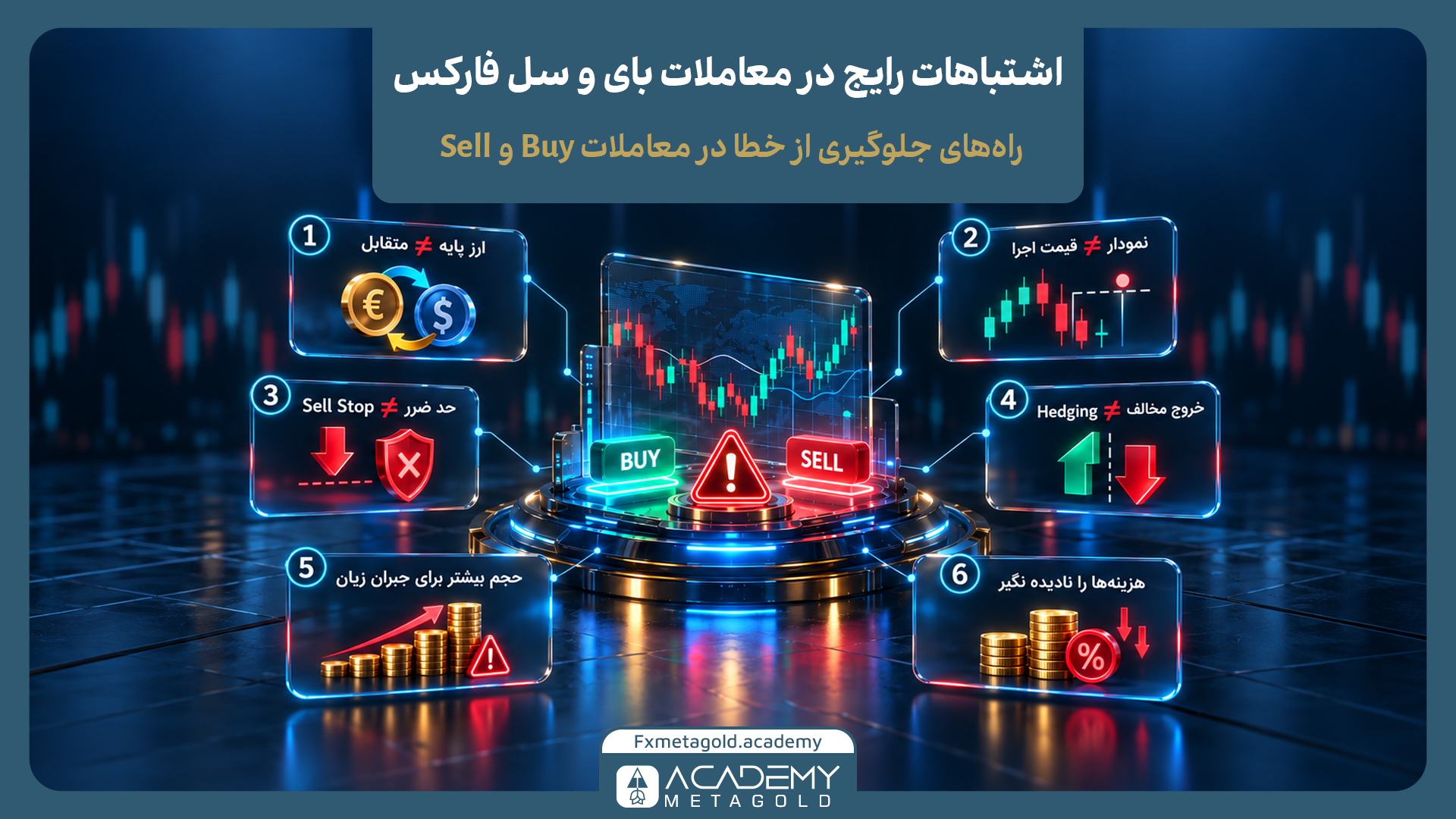 اینفوگرافیک ۶ اشتباه رایج در معاملات بای و سل فارکس که در اطراف یک علامت هشدار مرکزی قرار گرفته‌اند. این خطاها در ۶ باکس مجزا شامل موارد زیر است: ۱- جابه‌جا گرفتن ارز پایه و متقابل، ۲- یکی دانستن قیمت نمودار با قیمت واقعی اجرا (Ask و Bid)، ۳- اشتباه گرفتن سفارش سل استاپ (Sell Stop) با حد ضرر، ۴- خروج اشتباه با ثبت معامله مخالف در حساب هدجینگ، ۵- افزایش احساسی حجم برای جبران زیان، و ۶- نادیده گرفتن هزینه‌های معاملاتی نظیر اسپرد و کمیسیون.