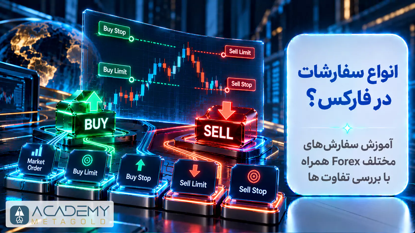 انواع سفارشات در فارکس شامل سفارش بازار، Buy Limit، Buy Stop، Sell Limit و Sell Stop
