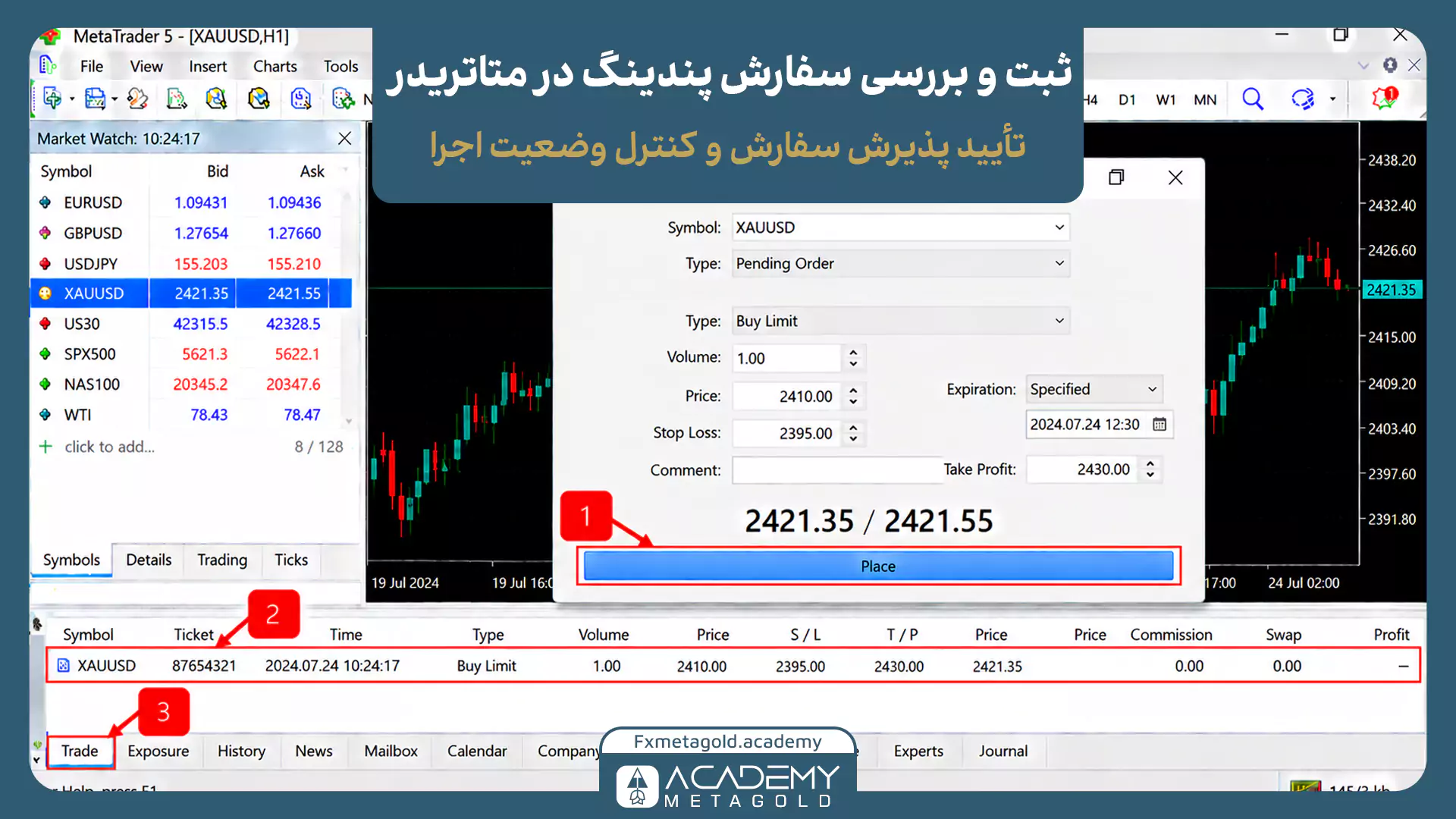 ثبت و بررسی سفارش پندینگ در متاتریدر 5 و نمایش سفارش Buy Limit در بخش Trade