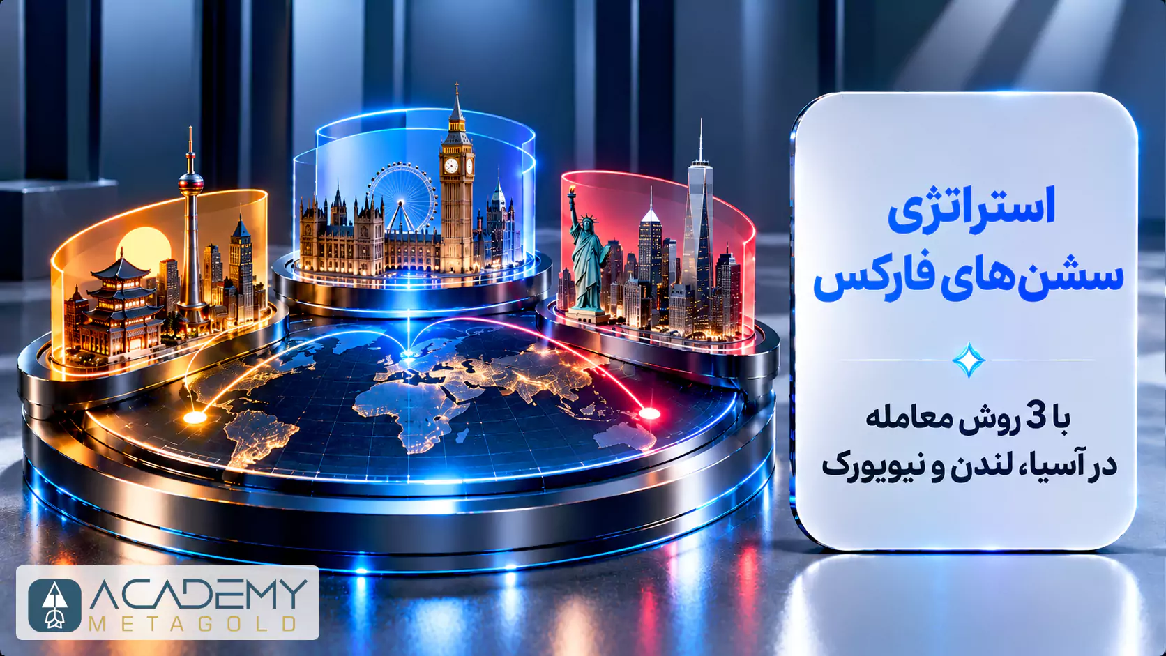 تصویر گرافیکی و سه‌بعدی مفهومی که استراتژی سشن‌های فارکس را به تصویر می‌کشد. در این تصویر نمادین، یک کره زمین نورانی به سه قسمت با نمادهای شهرهای مهم مالی تقسیم شده است: آسیا (توکیو و چین) با رنگ نارنجی، اروپا (برج ساعت لندن بیگ بن) با رنگ آبی، و آمریکا (مجسمه آزادی نیویورک) با رنگ قرمز. در سمت راست تصویر، تیتر «استراتژی سشن‌های فارکس با ۳ روش معامله در آسیا، لندن و نیویورک» روی یک پنل سفید روشن درج شده است.