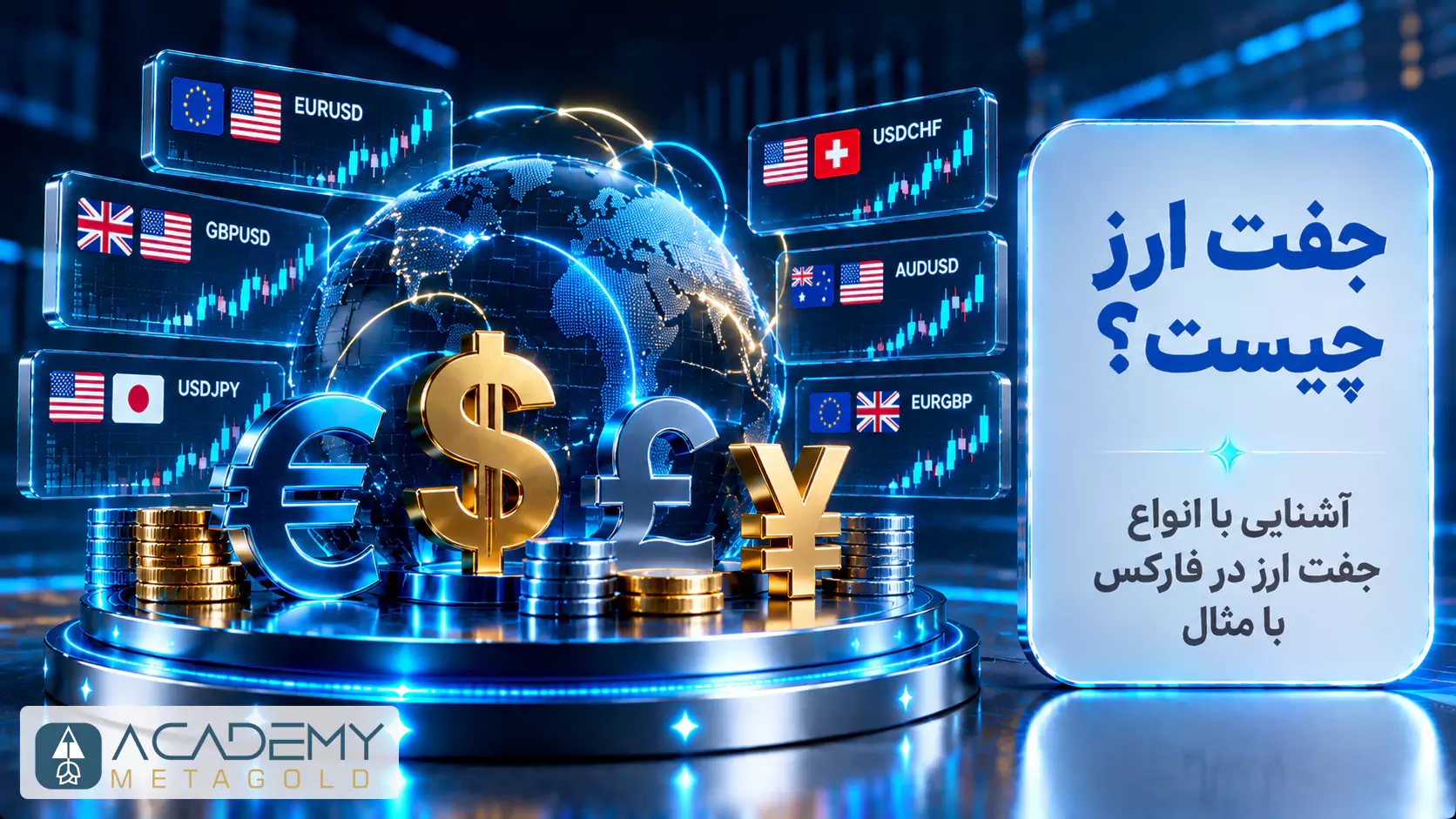 تصویر جفت ارز در فارکس با نمایش نمادهای معاملاتی EURUSD، GBPUSD، USDJPY، USDCHF، AUDUSD و EURGBP در کنار نمودارهای کندلی و نماد ارزهای جهانی مانند دلار، یورو، پوند و ین