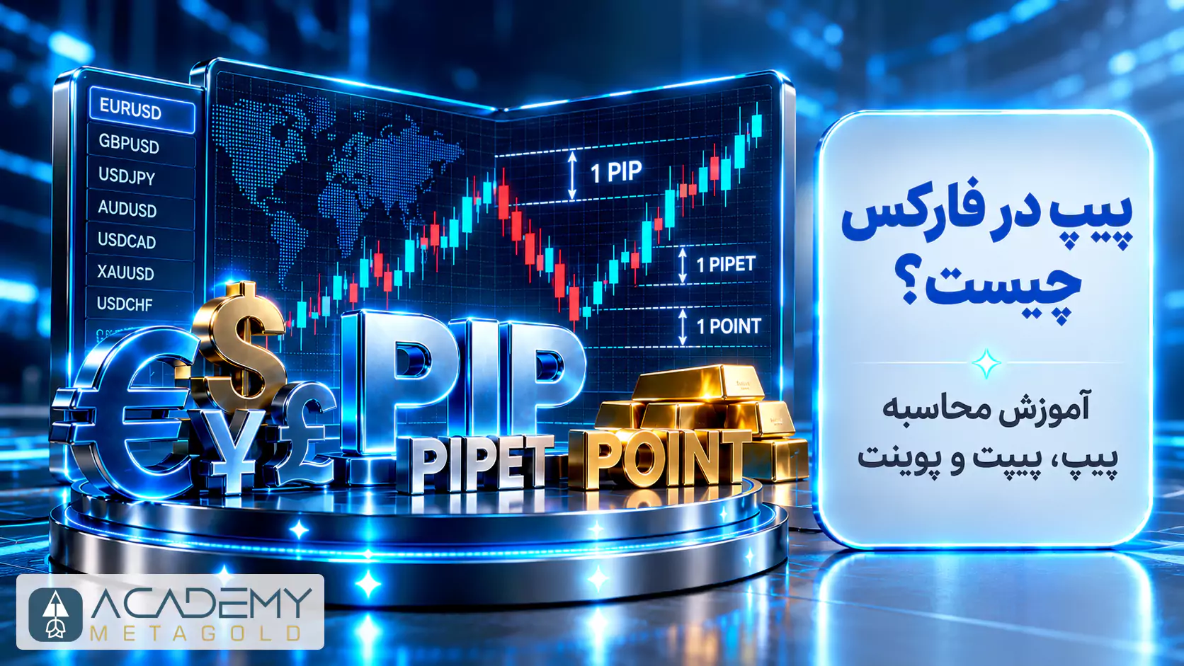 تصویر پیپ در فارکس با نمایش نمودار کندلی جفت‌ارزها، نمادهای ارزی و مقایسه واحدهای Pip، Pipette و Point برای آموزش اندازه‌گیری تغییرات قیمت
