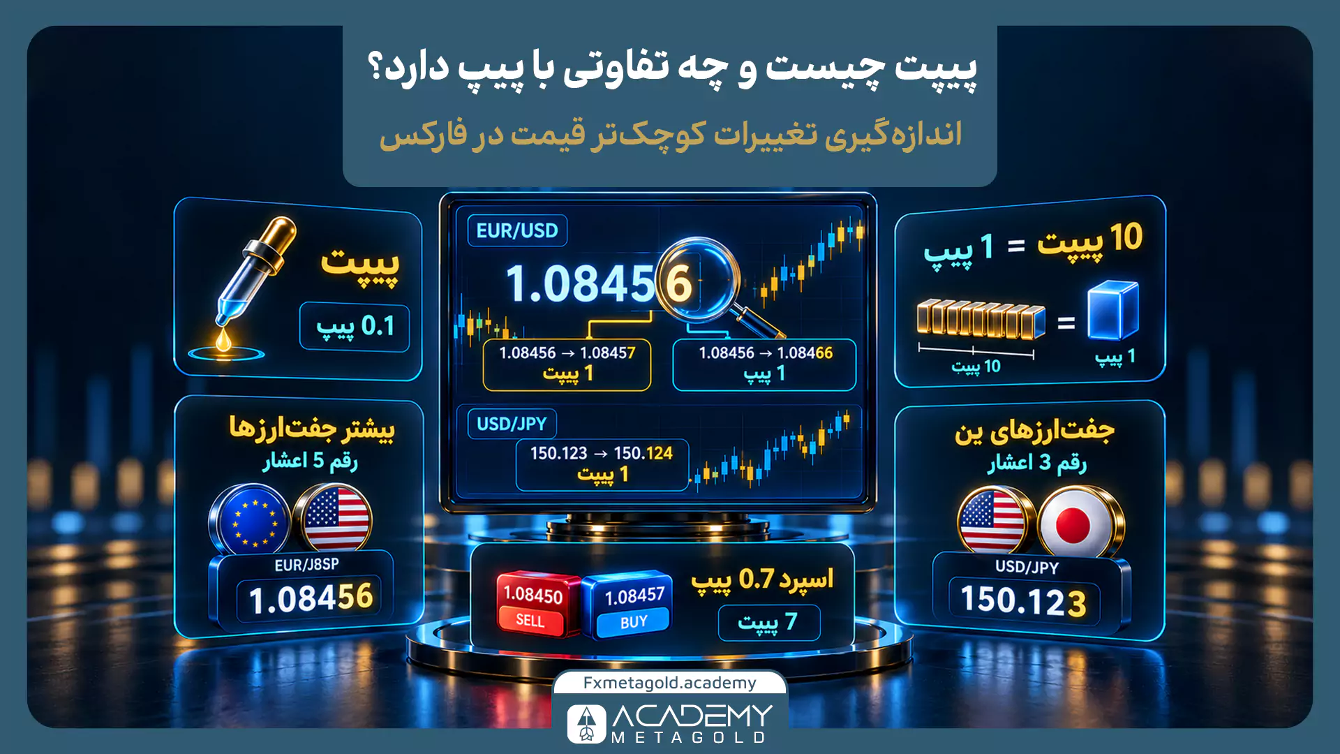 اینفوگرافیک تفاوت پیپ و پیپت در فارکس با نمایش برابری 10 پیپت با 1 پیپ، تغییر رقم پنجم اعشار EUR/USD، رقم سوم USD/JPY و محاسبه اسپرد 0.7 پیپی