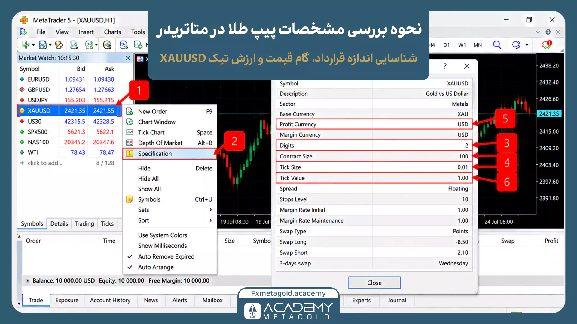 آموزش بررسی مشخصات پیپ طلا در متاتریدر 5 با انتخاب نماد XAUUSD از پنجره Market Watch و بازکردن Specification برای مشاهده Digits، Contract Size، Tick Size، Tick Value و Profit Currency