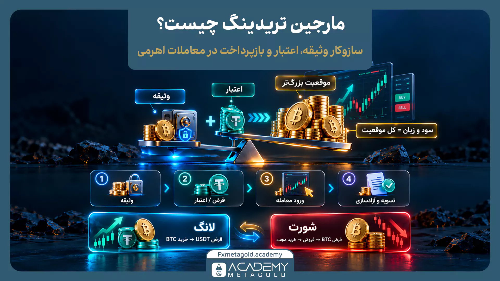 اینفوگرافیک نحوه عملکرد مارجین تریدینگ با نمایش مراحل تأمین وثیقه، دریافت اعتبار، باز کردن موقعیت لانگ یا شورت و تسویه بدهی همراه با بهره در معاملات بیتکوین