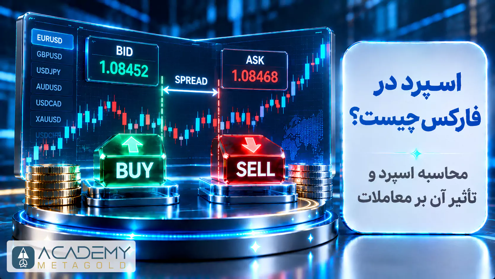 تصویر اسپرد در فارکس با نمایش اختلاف قیمت خرید Ask برابر 1.08468 و قیمت فروش Bid برابر 1.08452 در نمودار جفت‌ارزها و دکمه‌های Buy و Sell